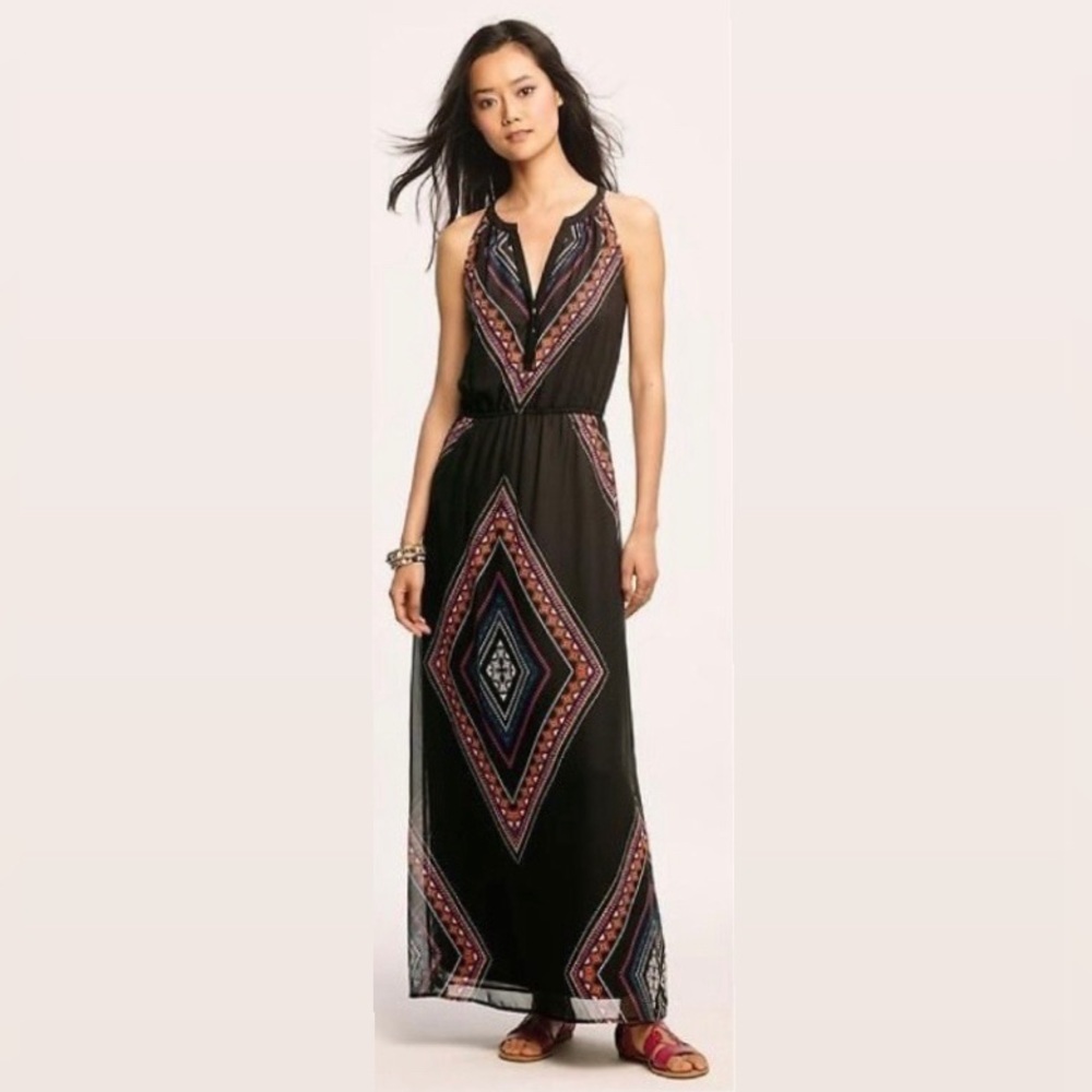 Old navy sleeveless maxi dress black with geometric pattern defined waist small